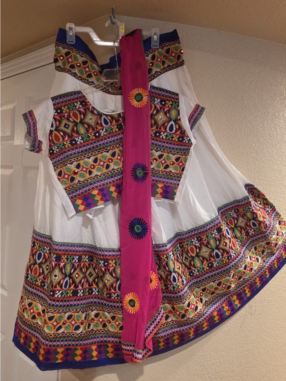 Dandiya-White A-Line Embroidered Skirt with Pink dupatta and matching blouse